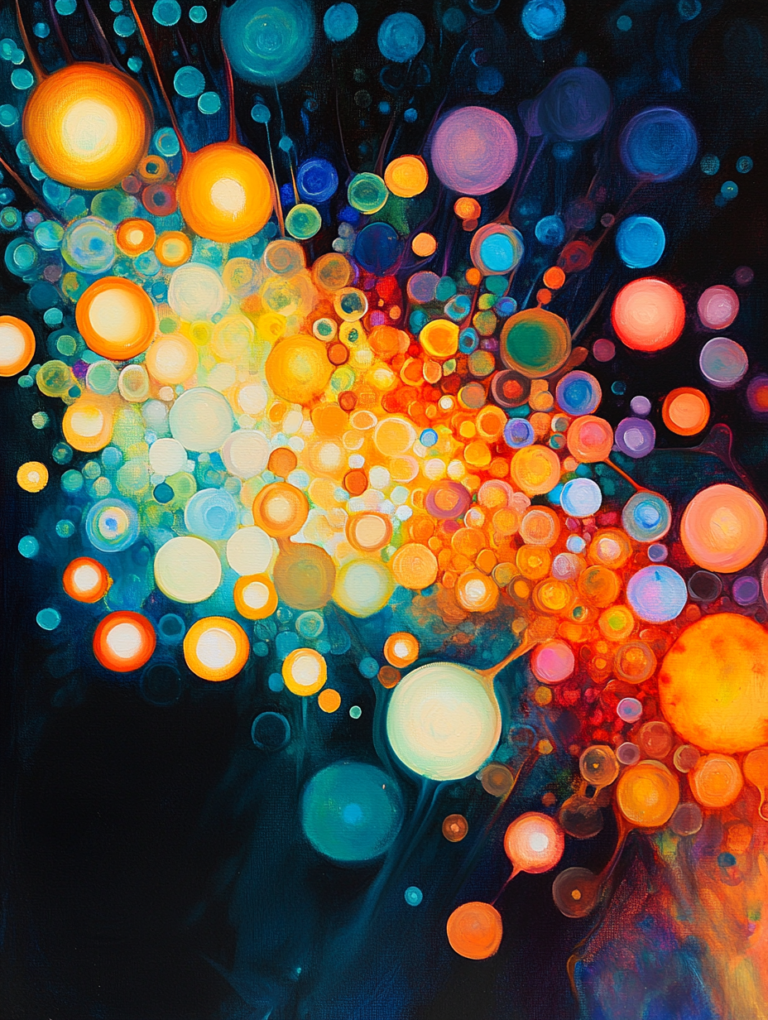 Vibrant Spheres in Cosmic Explosion of Light and Colorful Energy Against a Dark Backdrop Biology Abstract 18 x 24 Inch MineeForm Wall Art Poster