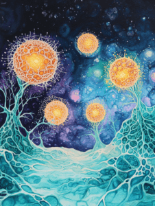 Vivid Cosmic Landscape with Glowing Spherical Structures and Organic Branch Forms in a Starry Abyss Biology Abstract 18 x 24 Inch MineeForm Wall Art Poster