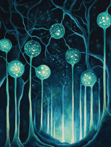 Mystical Bioluminescent Orbs Illuminating an Enchanted Forest with Delicate Tendrils and Starry Accents Biology Abstract 18 x 24 Inch MineeForm Wall Art Poster