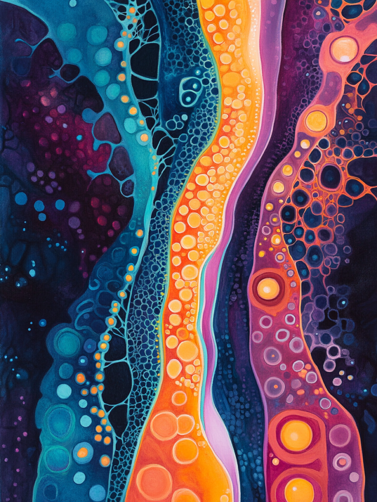 Vibrant Cellular Tapestry Featuring Organic Streams of Deep Blues and Bright Oranges Interwoven with Intricate Patterns and Luminescent Rounded Forms Biology Abstract 18 x 24 Inch MineeForm Wall Art Poster