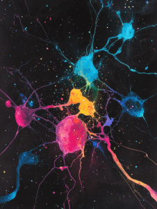 Vibrant Neural Connections on a Cosmic Black Canvas with Intertwining Colorful Networks of Illuminated Cells and Glowing Synapses Biology Abstract 18 x 24 Inch MineeForm Wall Art Poster