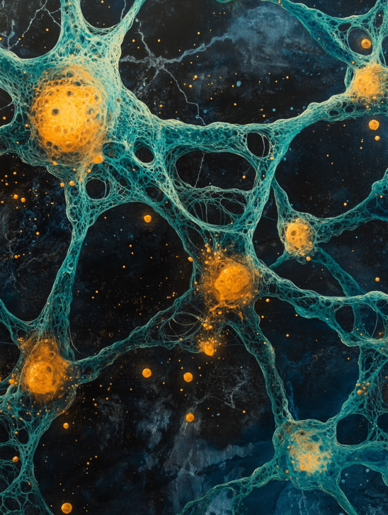 Intricate Cellular Network with Luminous Yellow Spheres Connected by Vivid Blue Filaments Against a Dark Expansive Background Biology Abstract 18 x 24 Inch MineeForm Wall Art Poster