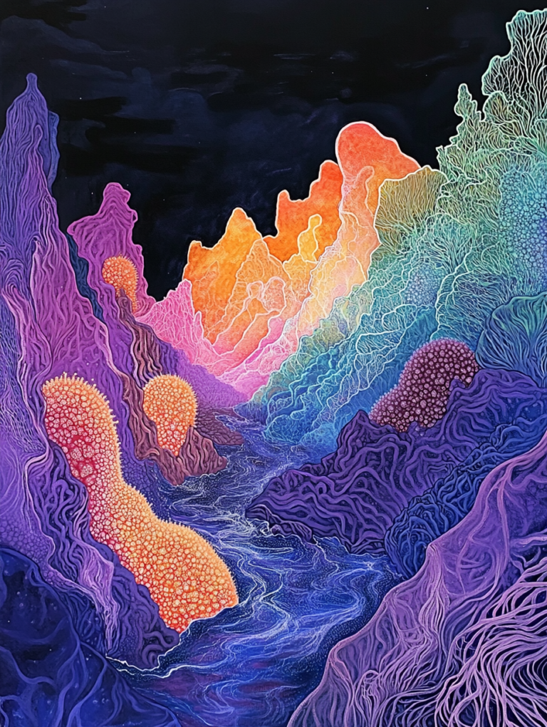 Vibrant Coral-Like Structures Illuminating a Mystical Oceanic Valley Under a Dark Starry Sky Biology Abstract 18 x 24 Inch MineeForm Wall Art Poster