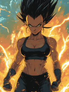 Fierce Warrior with Intense Black Hair and Piercing Gaze Surrounded by Fiery Energy Channeling Vegeta's Powerful Spirit DBZ Hot Girl Fan Art 18 X 24 Inch MineeForm Wall Art Poster