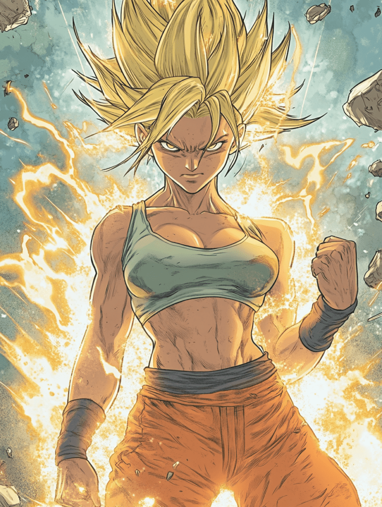 Mighty Saiyan Warrior with Spiky Golden Hair and Intense Aura Goku Unleashing Powerful Energy in Epic Battle Stance Amidst Flying Debris and Fiery Background DBZ Hot Girl Fan Art 18 X 24 Inch MineeForm Wall Art Poster