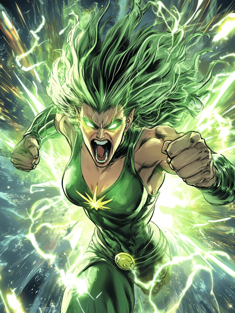 Fierce Warrior with Glowing Green Energy and Electrifying Aura in Intense Battle Pose Channeling Broly's Power DBZ Hot Girl Fan Art 18 X 24 Inch MineeForm Wall Art Poster