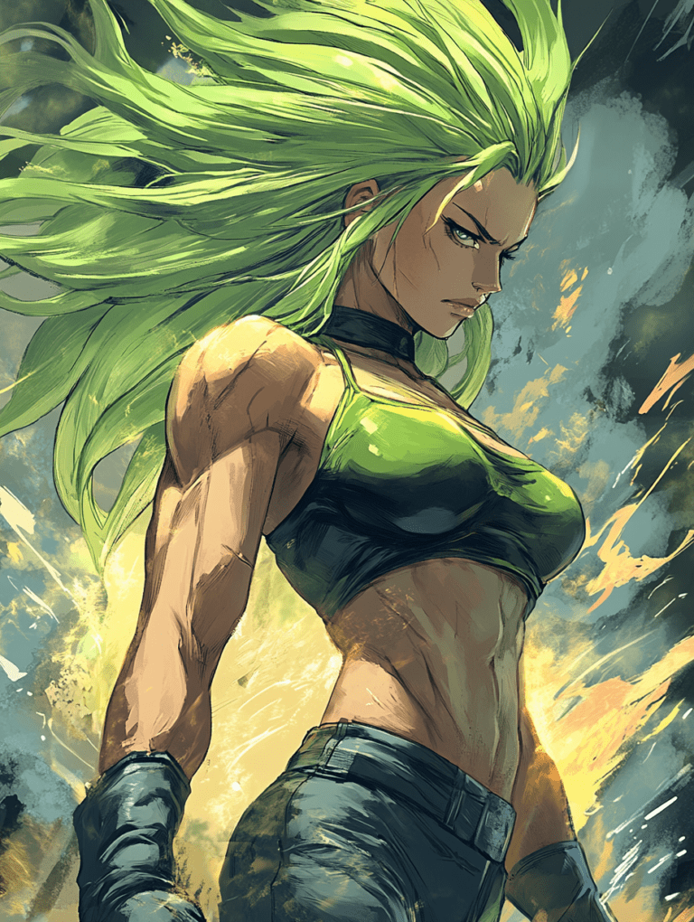 Fierce and Powerful Transformation of Broly with Intensely Piercing Eyes and Flowing Green Hair Illuminated by Energetic Aura in a Dynamic Battle Ready Stance DBZ Hot Girl Fan Art 18 X 24 Inch MineeForm Wall Art Poster