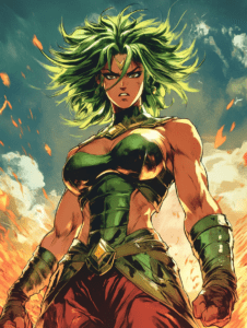 Mighty Warrior With Fiery Green Hair Stands Defiantly Amidst Flaming Battlefield Embodying the Spirit of Broly in Epic Visual Representation DBZ Hot Girl Fan Art 18 X 24 Inch MineeForm Wall Art Poster