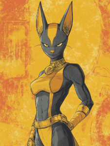 Feline Warrior with Piercing Gaze in Elegant Yellow and Black Attire Inspired by Beerus from Dragon Ball Z DBZ Hot Girl Fan Art 18 X 24 Inch MineeForm Wall Art Poster