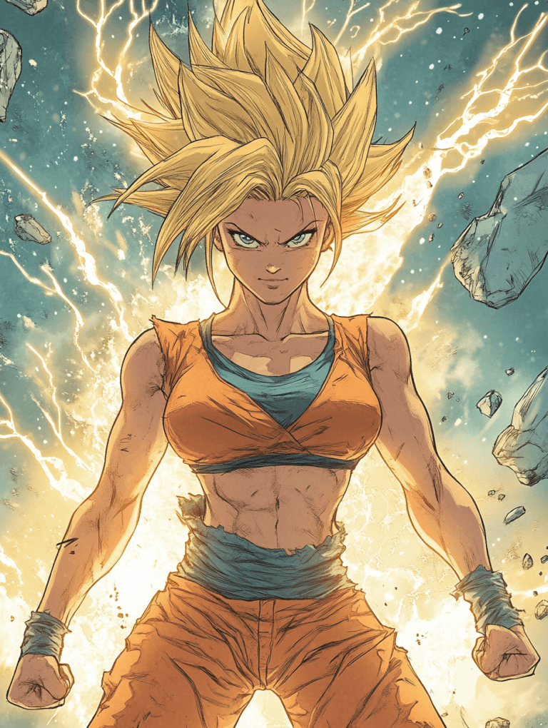 Mighty Warrior Stands In Fierce Super Saiyan Transformation Radiating Power And Strength Amidst Crumbling Rocks And Lightning With Iconic Blonde Hair And Orange Battle Outfit Goku DBZ Hot Girl Fan Art 18 X 24 Inch MineeForm Wall Art Poster