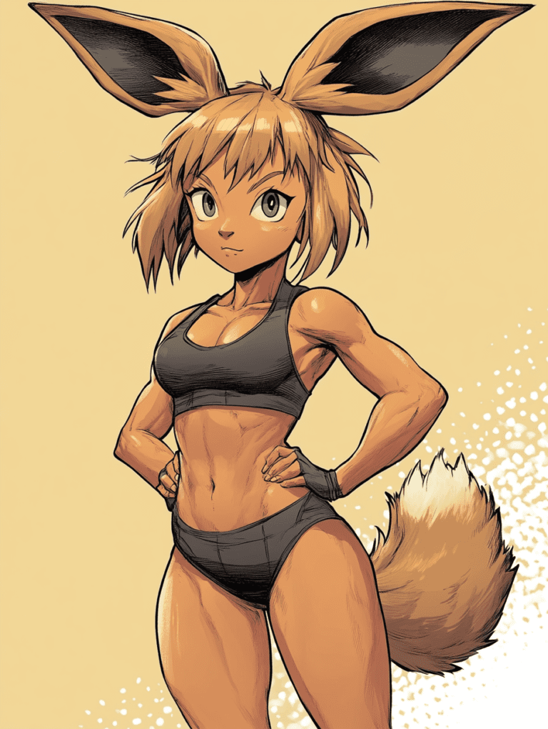 Athletic Eevee with Strong Physique and Playful Expression Displaying Powerful Confidence and Piercing Eyes with Fluffy Ears and Tail Against a Subtle Background Pokemon Hot Girl Fan Art 18 X 24 Inch MineeForm Wall Art Poster