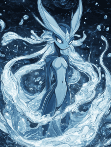 Glistening Mystique of Vaporeon with Flowing Aqua and Majestic Ears Surrounded by Ethereal Water Droplets in a Deep Oceanic Setting Pokemon Hot Girl Fan Art 18 X 24 Inch MineeForm Wall Art Poster