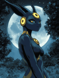 Umbreon under the Luminous Full Moon with Golden Rings and Piercing Yellow Eyes in a Mystical Forest Nighttime Scene Pokemon Hot Girl Fan Art 18 X 24 Inch MineeForm Wall Art Poster