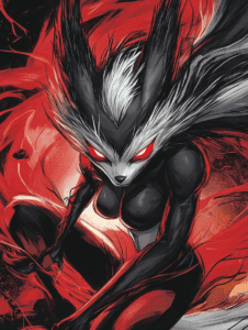 Dynamic and Fierce Zoroark with Intense Red Eyes and Flowing Black and White Hair in a Powerful Stance Surrounded by Swirling Red Energy Pokemon Hot Girl Fan Art 18 X 24 Inch MineeForm Wall Art Poster