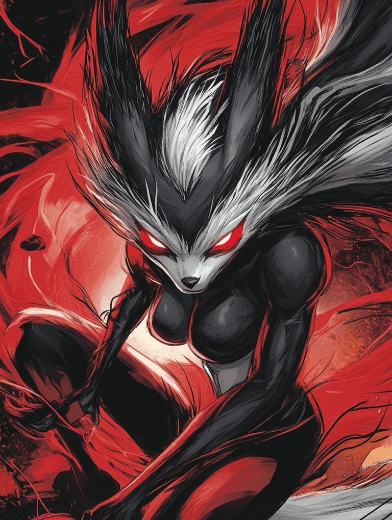 Dynamic and Fierce Zoroark with Intense Red Eyes and Flowing Black and White Hair in a Powerful Stance Surrounded by Swirling Red Energy Pokemon Hot Girl Fan Art 18 X 24 Inch MineeForm Wall Art Poster