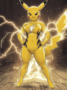 Electrifying Pikachu Standing Powerfully with a Striking Lightning Background and Bold Yellow Outfit Pokemon Hot Girl Fan Art 18 X 24 Inch MineeForm Wall Art Poster