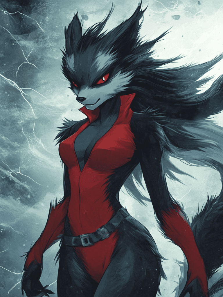 Gothic Zoroark with Flowing Dark Mane and Intense Red Eyes in Stormy Background Wearing a Sleek Crimson and Black Outfit Pokemon Hot Girl Fan Art 18 X 24 Inch MineeForm Wall Art Poster