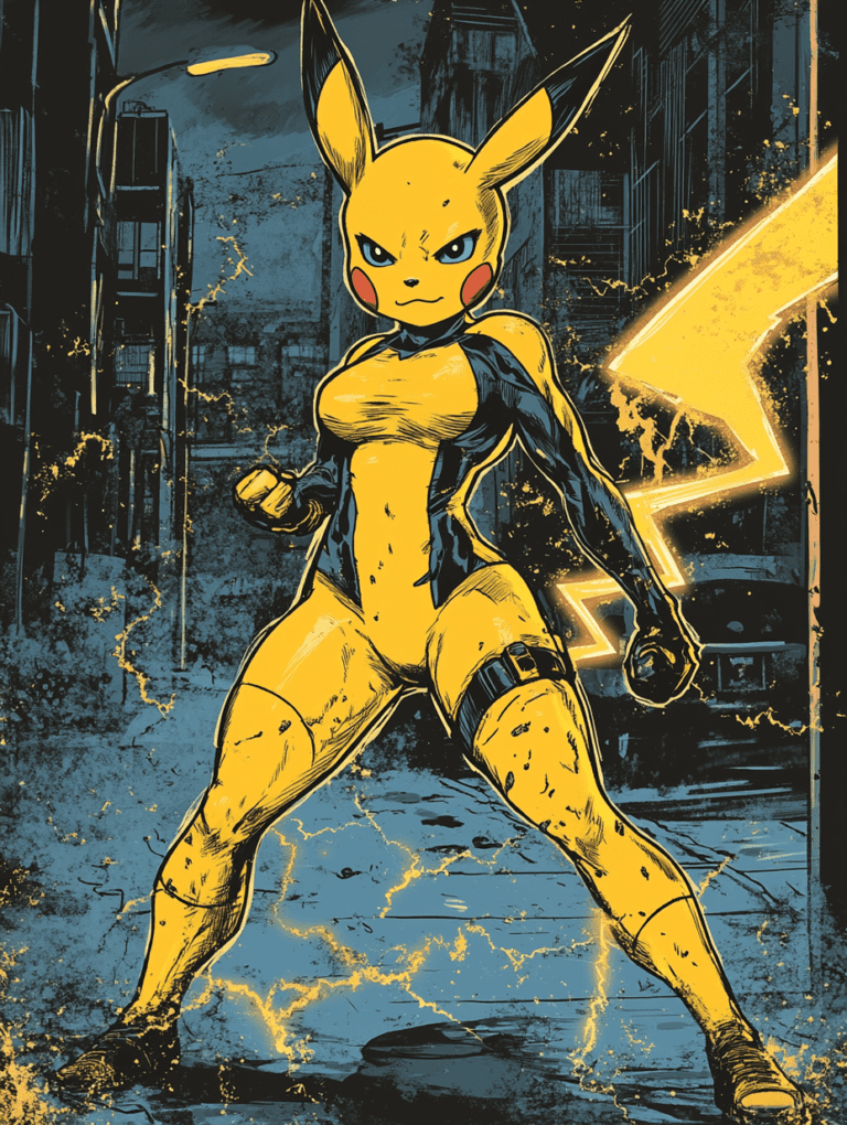 Powerful Pikachu Standing Boldly Amidst an Electrifying Urban Scene with Sparks and Lightning Illuminating Her Dynamic Pose Pokemon Hot Girl Fan Art 18 X 24 Inch MineeForm Wall Art Poster