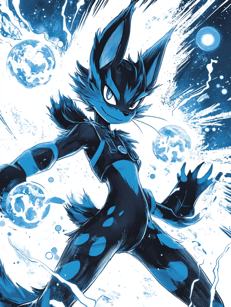 Lucario Radiating Aura in a Dynamic Pose Against a Cosmic Energy Background with Lightning and Orbs Floating Around Pokemon Hot Girl Fan Art 18 X 24 Inch MineeForm Wall Art Poster