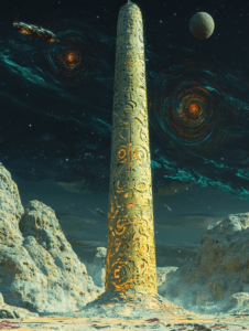 Tower of Ancient Glyphs Amidst Celestial Swirls and Distant Lunar Body on a Rugged Extraterrestrial Landscape SCI FI DIGITAL PAINTING 18 x 24 Inch MineeForm Wall Art Poster