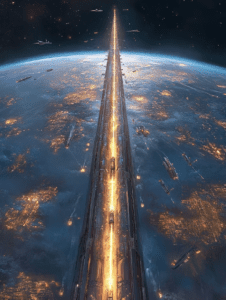 Endless Celestial Highway Piercing the Atmosphere with a Fleet of Starships and Illuminated Cityscapes Below SCI FI DIGITAL PAINTING 18 x 24 Inch MineeForm Wall Art Poster