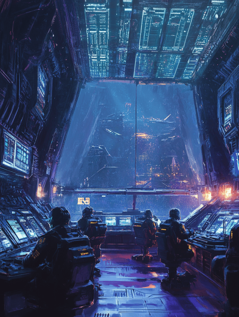 Futuristic Space Command Center with Monitors and Console Awaiting a Docking Starship on a Stormy Night with Neon Blue and Purple Illumination SCI FI DIGITAL PAINTING 18 x 24 Inch MineeForm Wall Art Poster