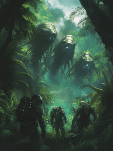 Invasion of the Colossal Jungle Dwellers as Armored Explorers Venture into the Verdant Unknown SCI FI DIGITAL PAINTING 18 x 24 Inch MineeForm Wall Art Poster