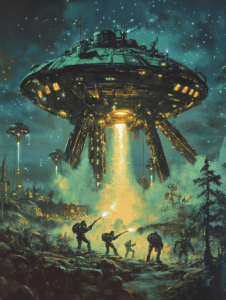 Explorers in Armored Suits Confronting a Massive Hovercraft Extraterrestrial Landship Illuminating a Misty Forested Landscape Under a Starry Night Sky SCI FI DIGITAL PAINTING 18 x 24 Inch MineeForm Wall Art Poster