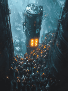 Futuristic Towering Capsule Amidst a Sea of Workers Clad in Heavy Gear in a Gloomy Industrial Landscape with Icy Blue Hues and a Glistening Metallic Finish SCI FI DIGITAL PAINTING 18 x 24 Inch MineeForm Wall Art Poster