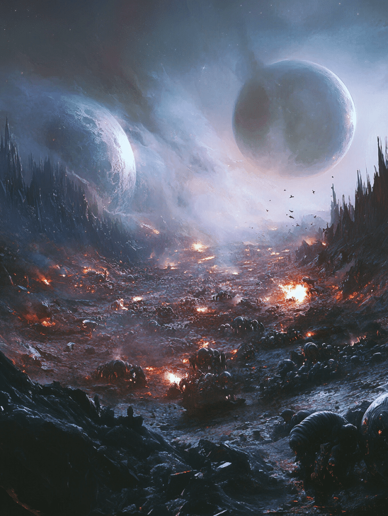 Cataclysmic Battle on an Alien World with Distant Planets Looming Over a Fiery Landscape and Countless Armored Machines Engaged in Epic Conflict SCI FI DIGITAL PAINTING 18 x 24 Inch MineeForm Wall Art Poster