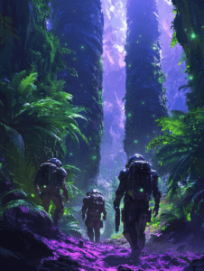 Explorers Venturing Through Lush Alien Jungle Illuminated by Pulsating Green Light of Towering Bioluminescent Plants in a Mysterious Purple Glow SCI FI DIGITAL PAINTING 18 x 24 Inch MineeForm Wall Art Poster