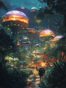 Luminous Domes Suspended Above a Lush Alien Jungle Illuminated by Vibrant Colors as Explorers Traverse a Reflective Forest Path Under a Starry Sky SCI FI DIGITAL PAINTING 18 x 24 Inch MineeForm Wall Art Poster