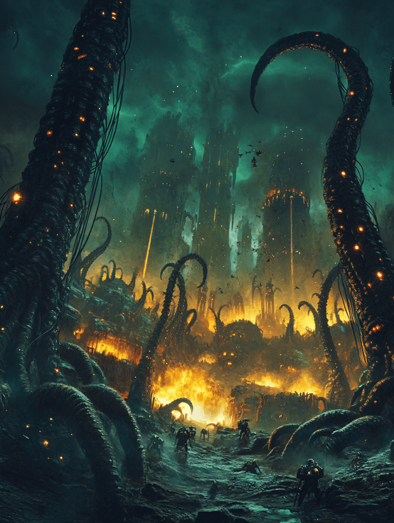 Enigmatic Alien Metropolis Illuminated by Fiery Glow and Towering Tendrils in a Futuristic Landscape SCI FI DIGITAL PAINTING 18 x 24 Inch MineeForm Wall Art Poster