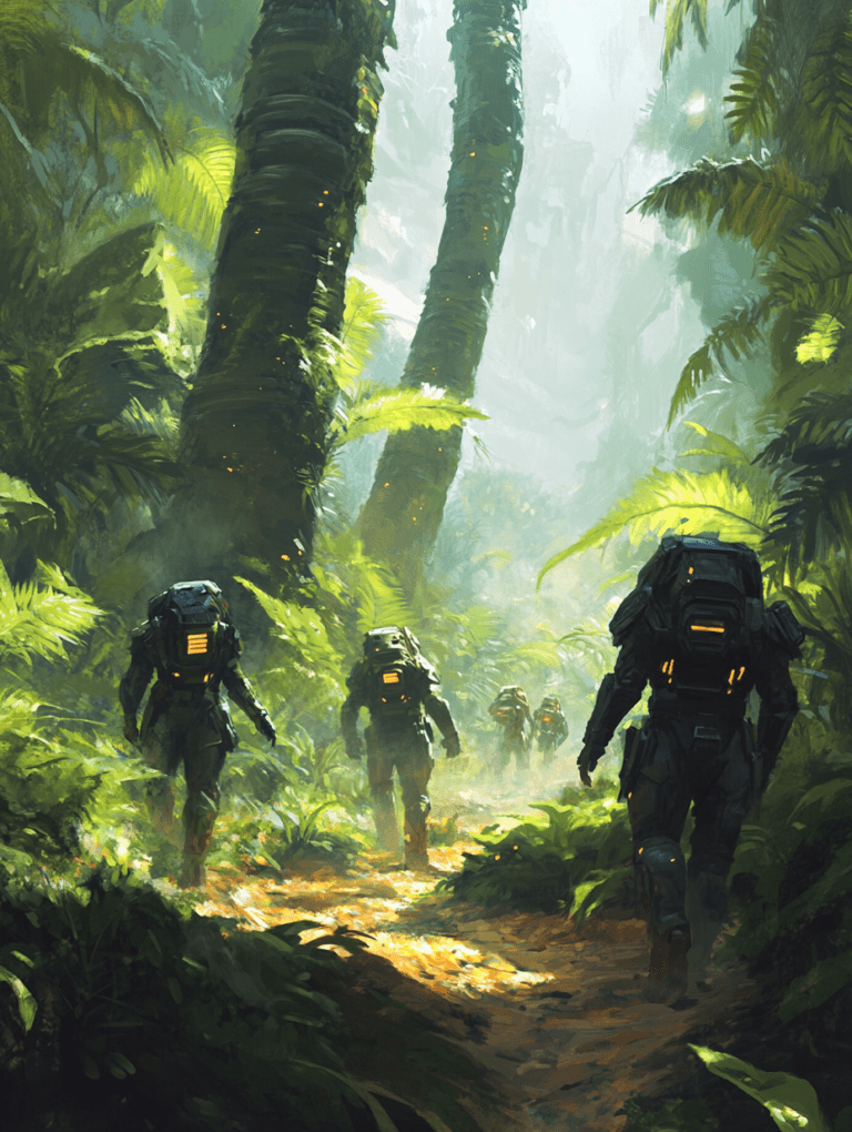 Futuristic Explorers Navigate Ancient Alien Jungle with Towering Trees and Lush Green Foliage Wearing Advanced Armor and Glowing Helmets Along a Sunlit Pathway SCI FI DIGITAL PAINTING 18 x 24 Inch MineeForm Wall Art Poster