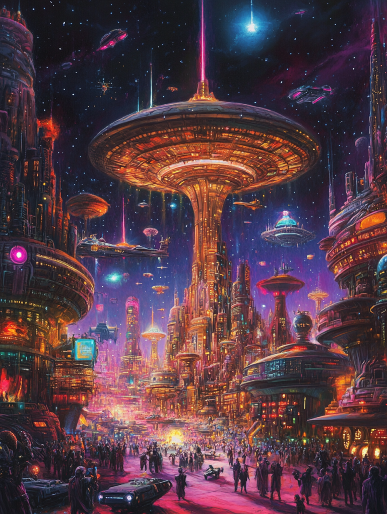 Thriving Futuristic Metropolis with Towering Structures and Vibrant Nightlife Under a Star-Studded Cosmic Sky SCI FI DIGITAL PAINTING 18 x 24 Inch MineeForm Wall Art Poster