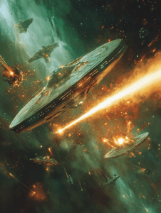 Vast Spaceship Battle Unfolding in the Depths of a Turbulent Galaxy with Fiery Explosions and Cutting Beams Piercing Interstellar Space SCI FI DIGITAL PAINTING 18 x 24 Inch MineeForm Wall Art Poster