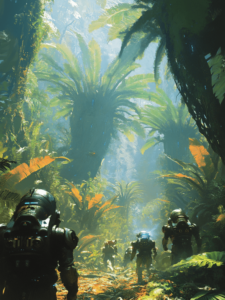 Explorers in Futuristic Armor Venturing Through a Lush Alien Jungle with Towering Ferns and Dappled Sunlight SCI FI DIGITAL PAINTING 18 x 24 Inch MineeForm Wall Art Poster