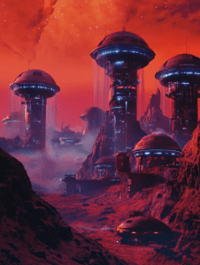 Futuristic Colony with Towering Structures and Luminous Domes under a Vibrant Orange Sky on an Alien Planet Landscape SCI FI DIGITAL PAINTING 18 x 24 Inch MineeForm Wall Art Poster