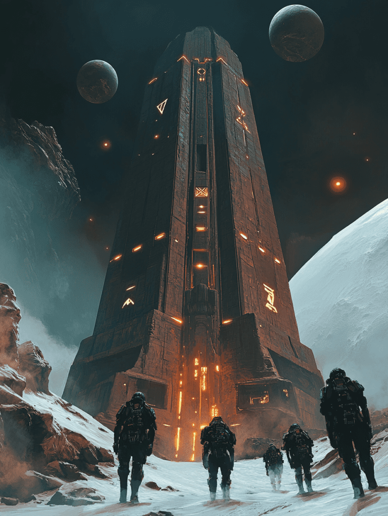 Intrepid Explorers Approach a Monolithic Tower Amidst an Alien Icy Landscape with Looming Celestial Bodies and Mysterious Glowing Symbols SCI FI DIGITAL PAINTING 18 x 24 Inch MineeForm Wall Art Poster