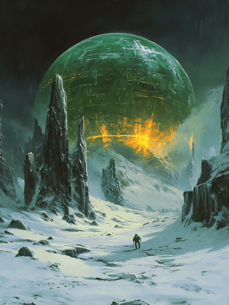 Solitary Traveler Approaching Enigmatic Emerald Sphere Amidst Snowy Alien Landscape with Jagged Monoliths and Fiery Glow SCI FI DIGITAL PAINTING 18 x 24 Inch MineeForm Wall Art Poster