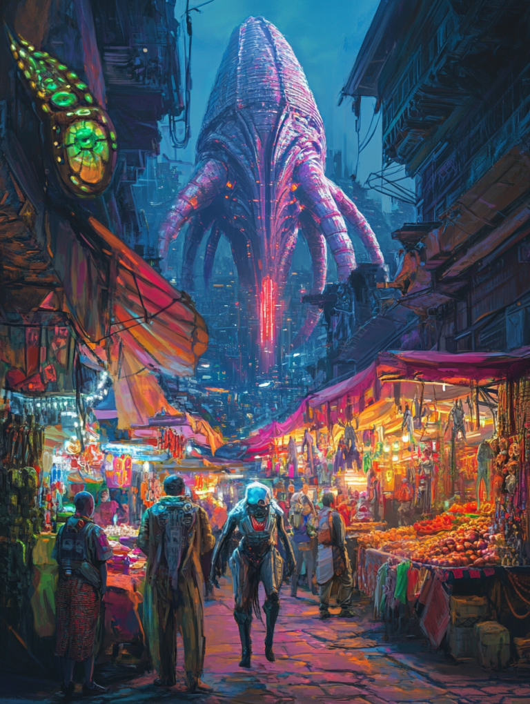 Giant Alien Structure Looms Over a Bustling Futuristic Market at Dusk with Neon Lights and Diverse Extraterrestrial Beings in Colorful Garb SCI FI DIGITAL PAINTING 18 x 24 Inch MineeForm Wall Art Poster