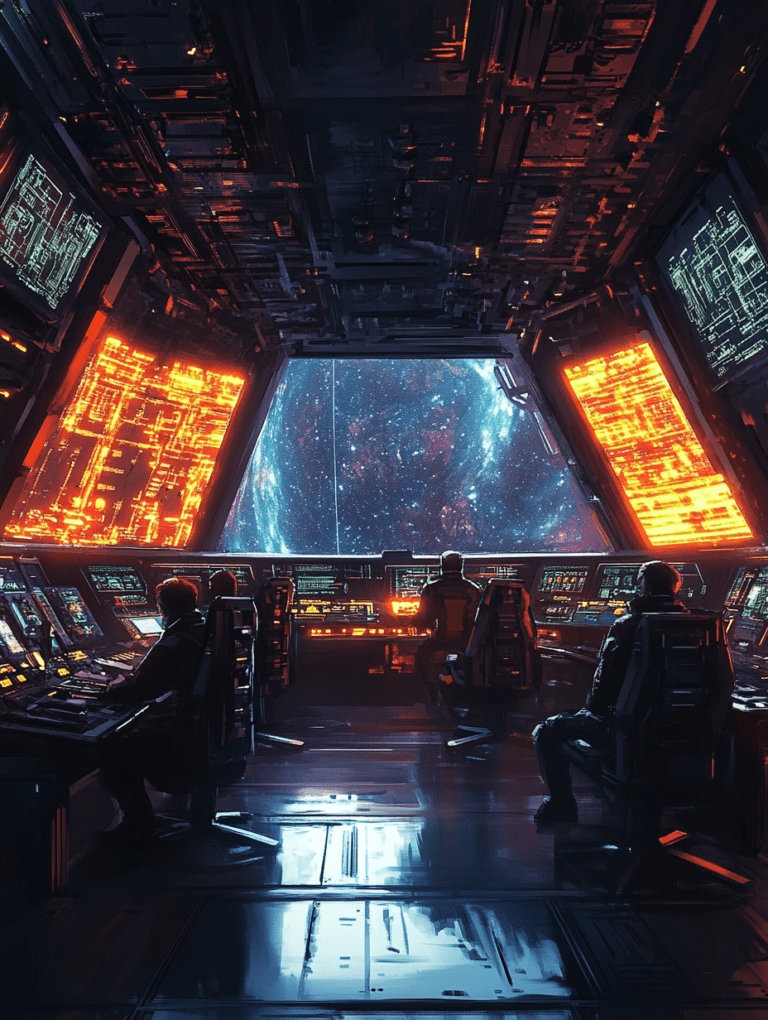 Command Center of a Spaceship with Futuristic Control Panels Overlooking a Nebula Filled Universe SCI FI DIGITAL PAINTING 18 x 24 Inch MineeForm Wall Art Poster