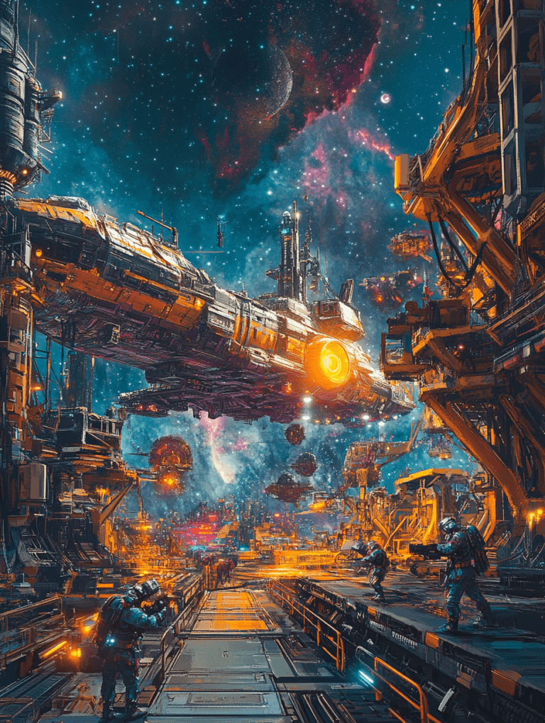 Vibrant Spaceport Buzzing with Life Under a Starry Nebula Sky with a Majestic Starship and Distant Planets in the Background while Workers and Robots Hustle on a Busy Platform of Advanced Technology and Illuminated Structures SCI FI DIGITAL PAINTING 18 x 24 Inch MineeForm Wall Art Poster