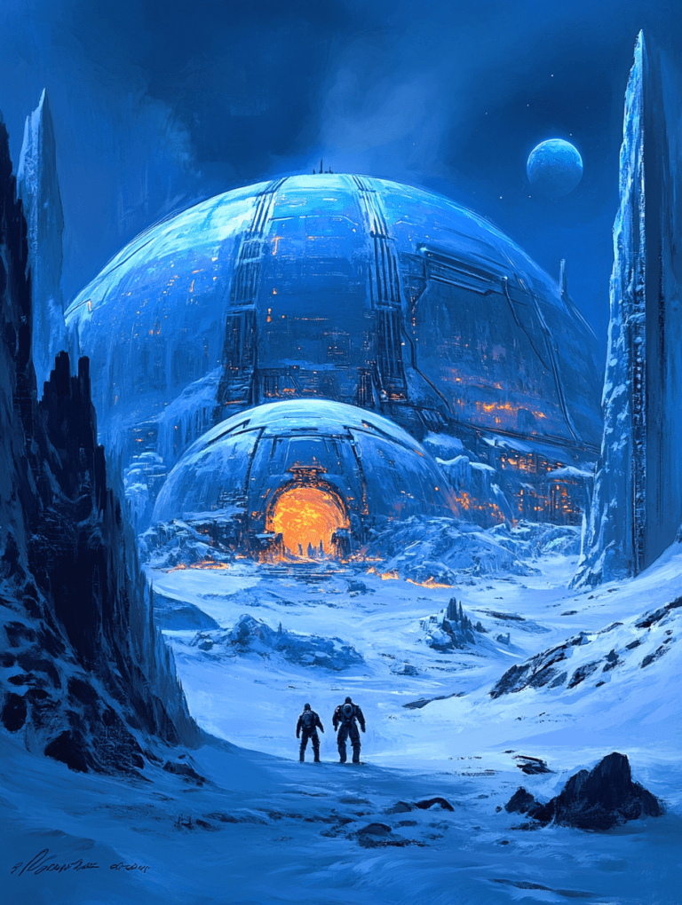 Ancient Snowbound Futuristic Dome with Radiant Portal and Astronauts on an Icy Alien Planet Under a Distant Blue Moon SCI FI DIGITAL PAINTING 18 x 24 Inch MineeForm Wall Art Poster