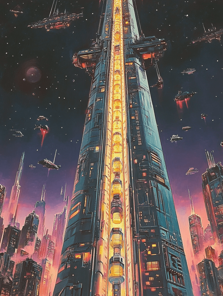 Towering Skyscraper Stretching Into Space Amid Fleet of Starships and Distant Planetary Glow SCI FI DIGITAL PAINTING 18 x 24 Inch MineeForm Wall Art Poster