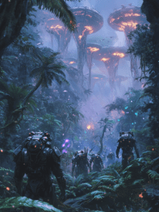 Exploration of Bioluminescent Alien Jungle with Towering Glowing Fungi and Futuristic Armored Figures in Misty Atmosphere SCI FI DIGITAL PAINTING 18 x 24 Inch MineeForm Wall Art Poster