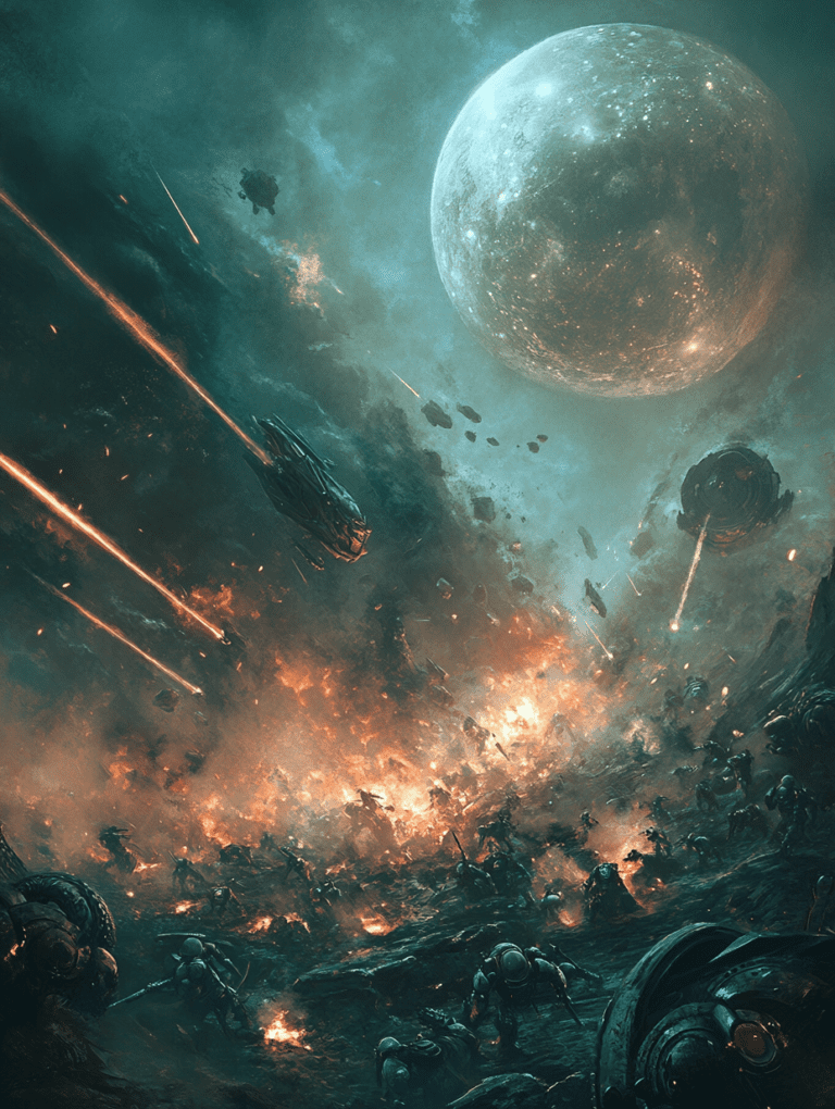 Fierce Intergalactic Battle Under a Luminous Full Moon with Spaceships and Ground Troops Amidst Explosive Chaos and Fiery Skies SCI FI DIGITAL PAINTING 18 x 24 Inch MineeForm Wall Art Poster