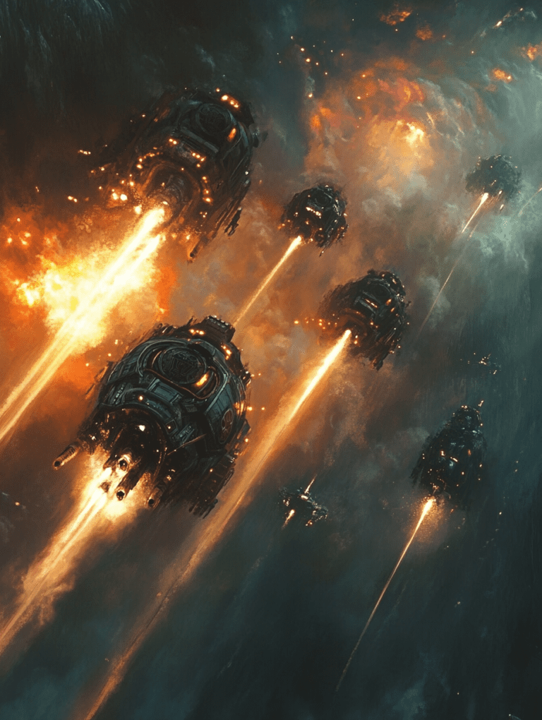 Fleet of Fiery Spaceships Soaring Through a Cosmic Storm with Glowing Plasma Trails Illuminating a Dark Nebula SCI FI DIGITAL PAINTING 18 x 24 Inch MineeForm Wall Art Poster