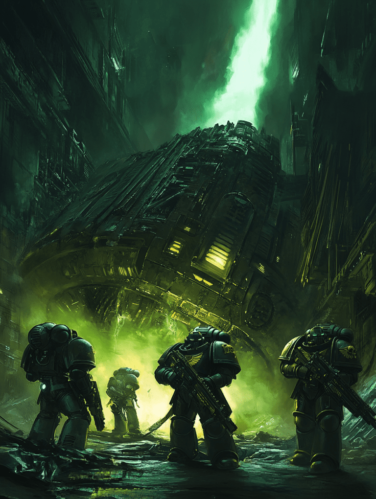 Armored Warriors Explore a Mysterious Alien Ruin Illuminated by Eerie Green Light in an Overgrown Futuristic Cityscape SCI FI DIGITAL PAINTING 18 x 24 Inch MineeForm Wall Art Poster