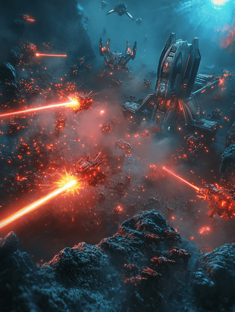 Intense Battle Beneath the Ocean Surface with Drones and Advanced Alien Detectors Amidst Rugged Rocky Terrain and Vibrant Laser Fire in a Deep Blue Abyss SCI FI DIGITAL PAINTING 18 x 24 Inch MineeForm Wall Art Poster